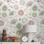 Wallpaper Frosted Drizzle, embroidered-style pastel flowers and butterflies
