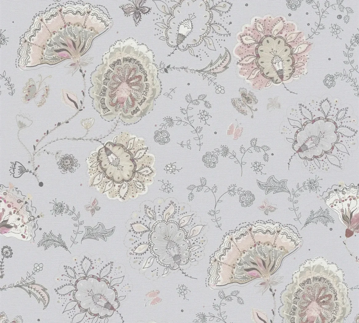 Wallpaper Hazy Graphite, pink Jacobean flowers and butterflies on lilac-grey