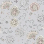 Wallpaper Hazy Graphite, pink Jacobean flowers and butterflies on lilac-grey