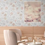 Wallpaper Hazy Graphite, pink Jacobean flowers and butterflies on lilac-grey