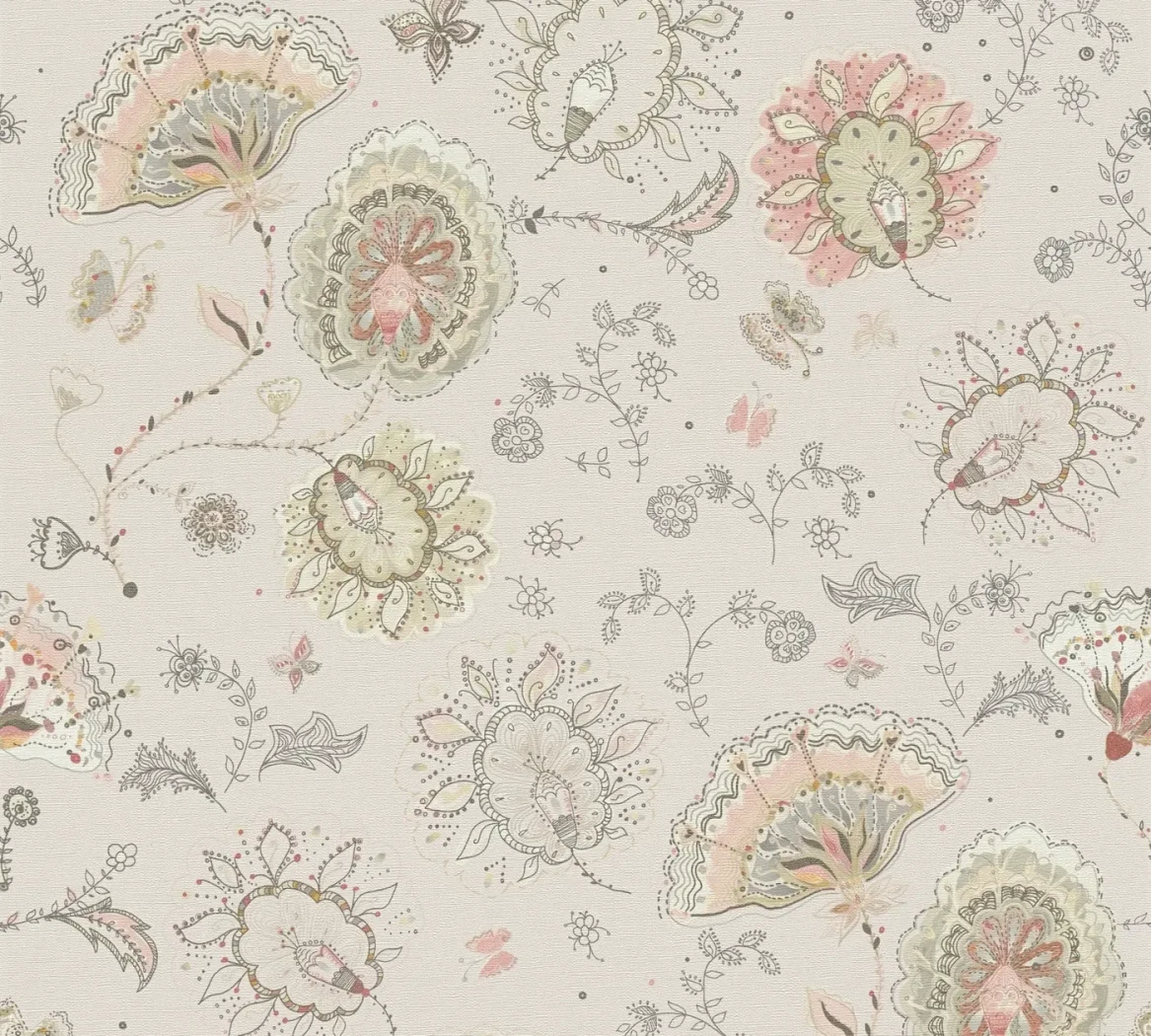 Wallpaper Veiled Thatch, pastel lace-effect flowers on warm beige