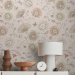 Wallpaper Veiled Thatch, pastel lace-effect flowers on warm beige