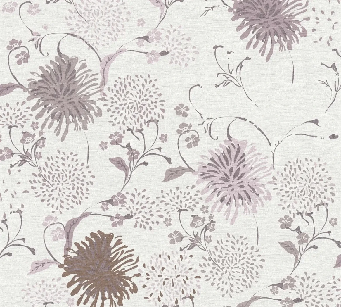 Wallpaper Veiled Shale, mauve chrysanthemums on off-white ground