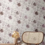 Wallpaper Veiled Shale, mauve chrysanthemums on off-white ground