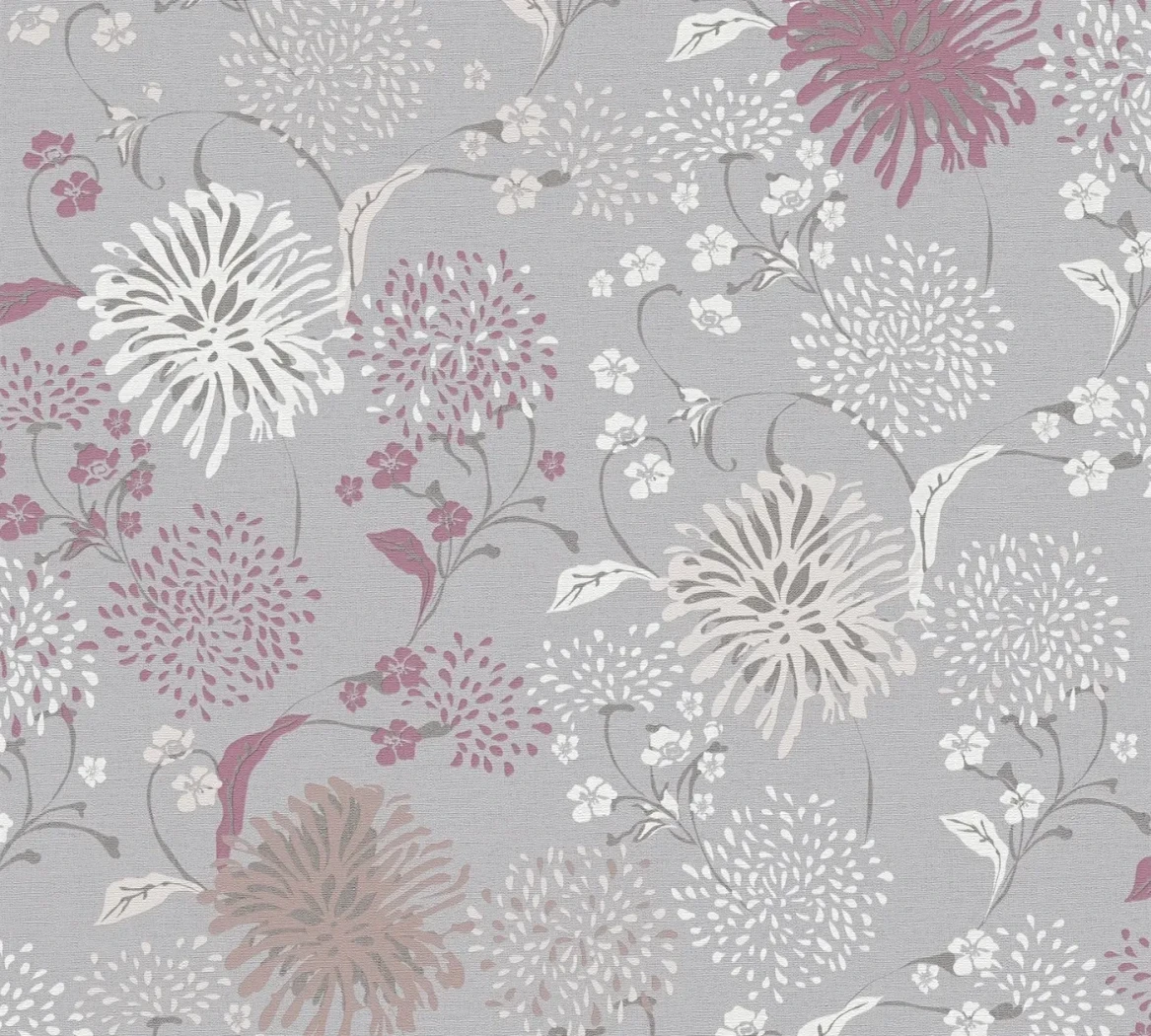 Wallpaper Veiled Cloud, white and plum chrysanthemums on mid grey