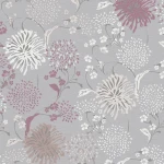 Wallpaper Veiled Cloud, white and plum chrysanthemums on mid grey