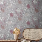 Wallpaper Veiled Cloud, white and plum chrysanthemums on mid grey
