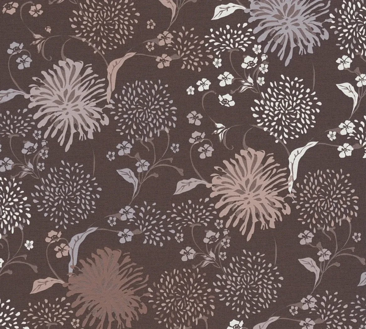 Wallpaper Chilli, copper and pink chrysanthemums on deep brown