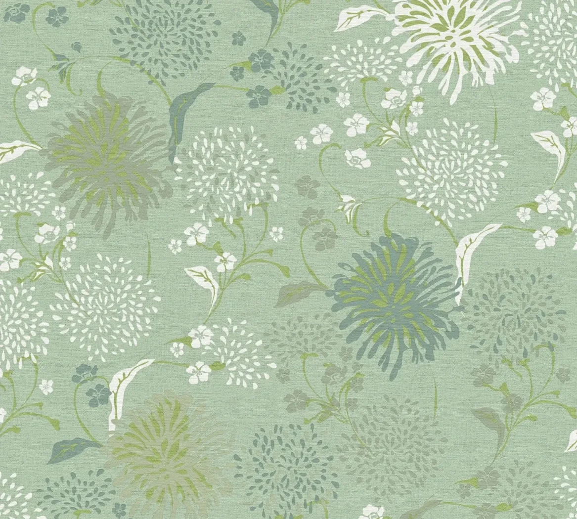 Wallpaper Fir, chrysanthemums in white and olive on sage green