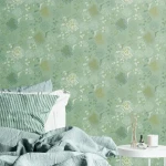Wallpaper Fir, chrysanthemums in white and olive on sage green