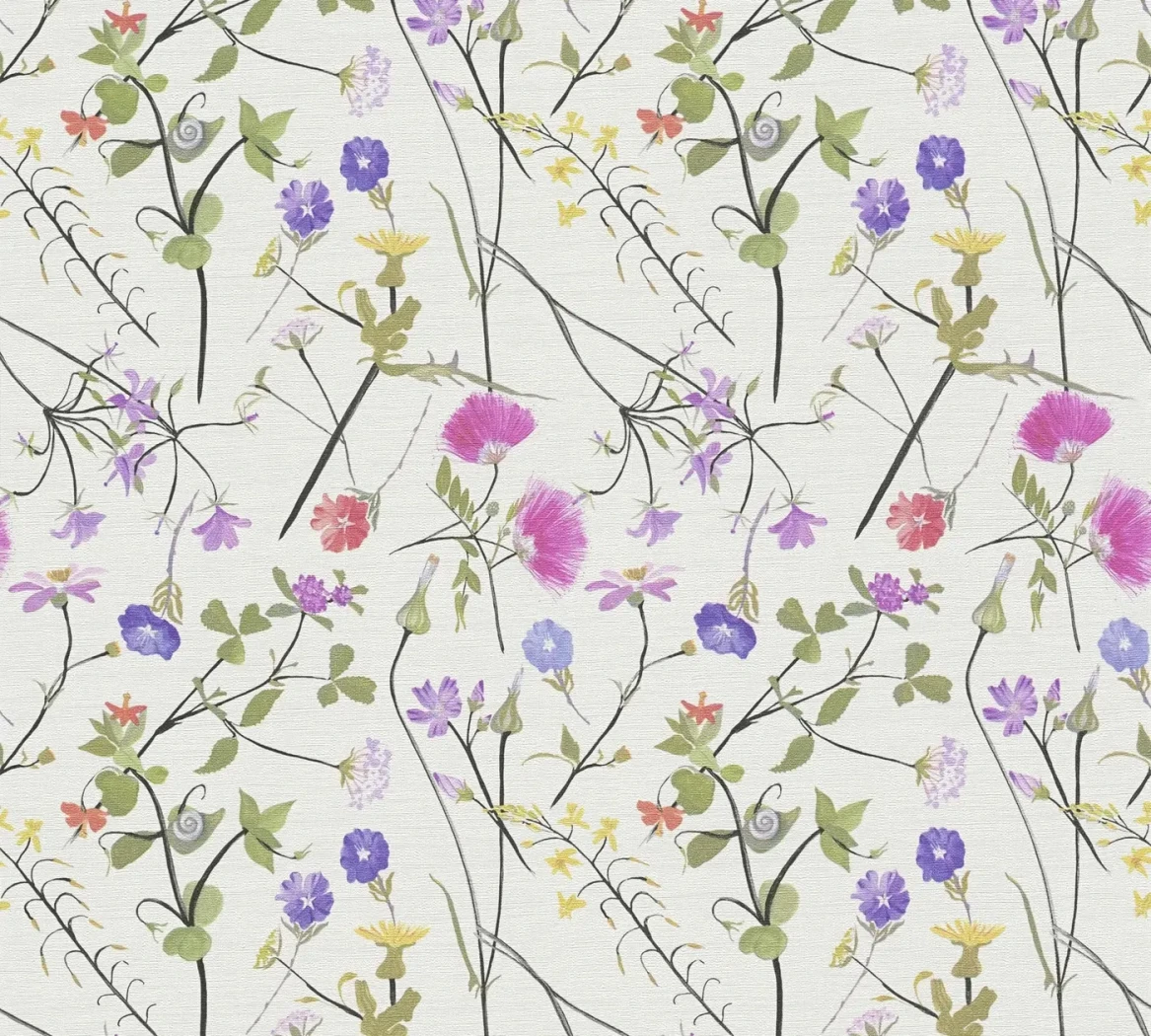 Wallpaper Veiled Grisaille, watercolour wildflowers on a striped cream ground