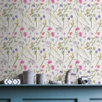 Wallpaper Veiled Grisaille, watercolour wildflowers on a striped cream ground