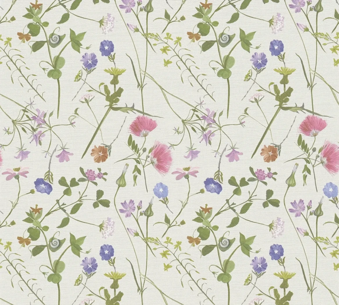 Wallpaper Light Stone, bellflowers, poppies and butterflies on a pale ground