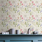 Wallpaper Light Stone, bellflowers, poppies and butterflies on a pale ground