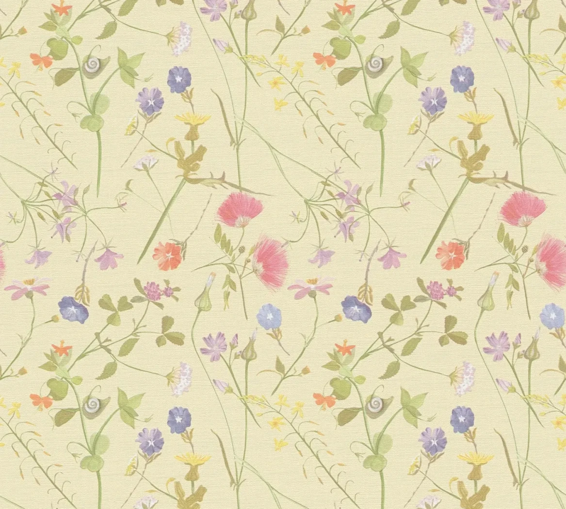 Wallpaper Frosted Broom, painted wild flowers on straw yellow