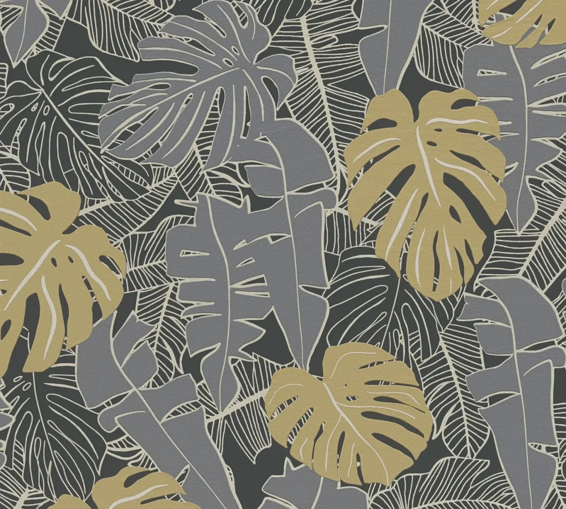Wallpaper Misty Slate, grey and gold tropical leaves on anthracite