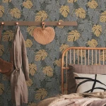 Wallpaper Misty Slate, grey and gold tropical leaves on anthracite