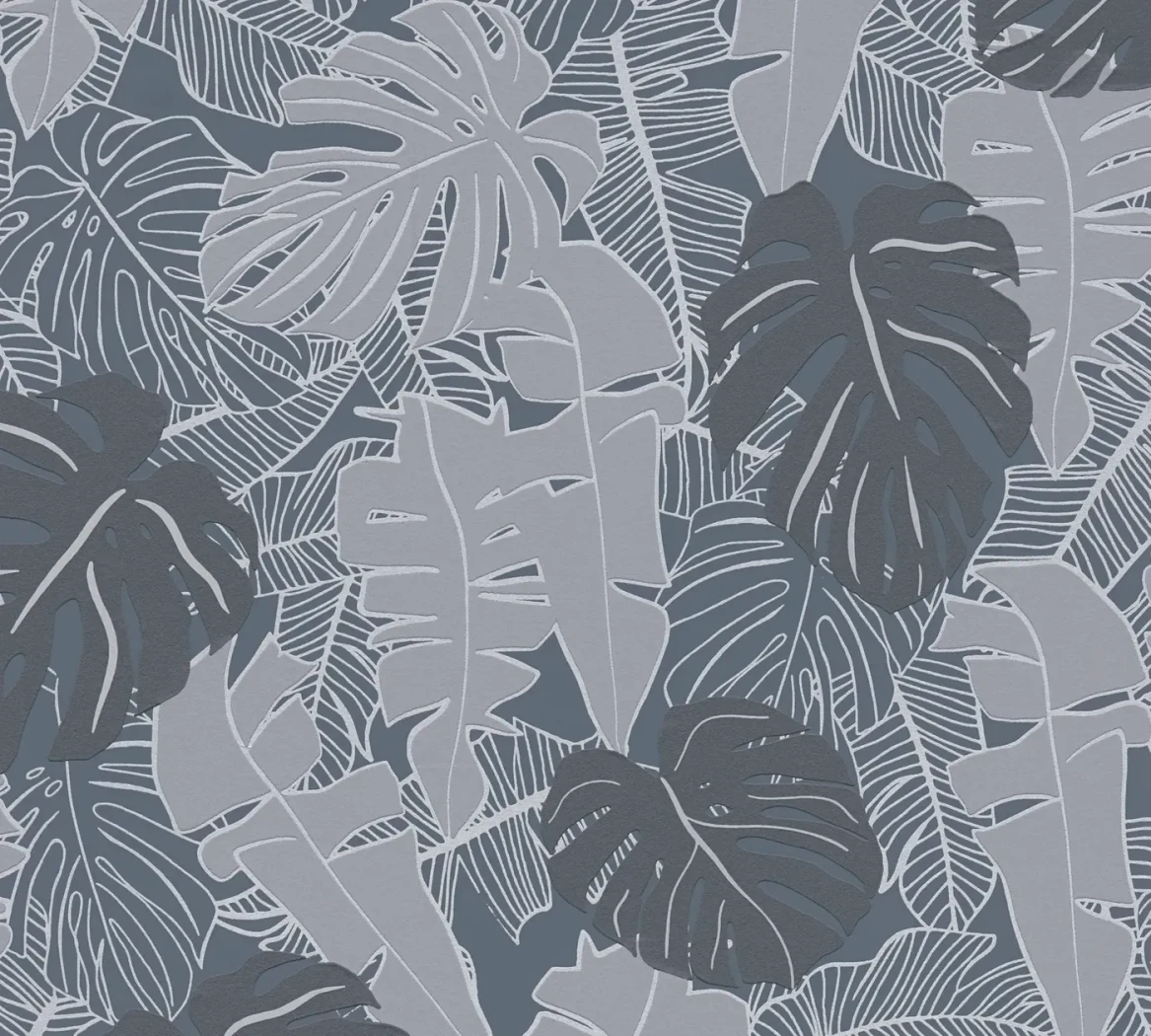 Wallpaper Soft Dawn, blue-grey monstera and banana leaves