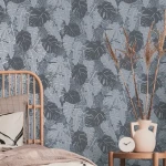 Wallpaper Soft Dawn, blue-grey monstera and banana leaves