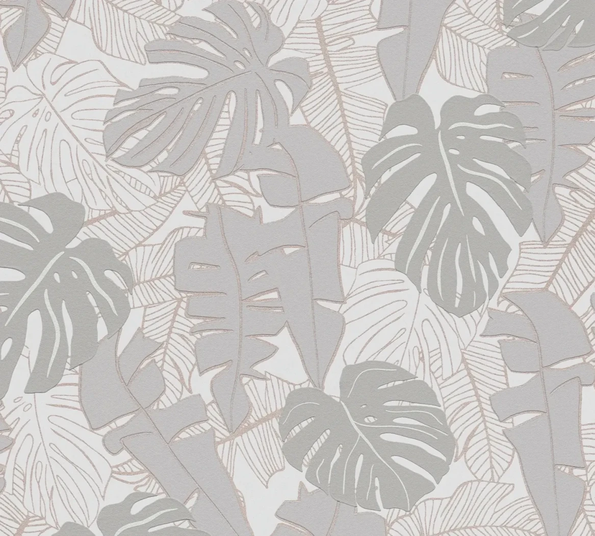 Wallpaper Veiled Granite, grey monstera and banana leaves on white