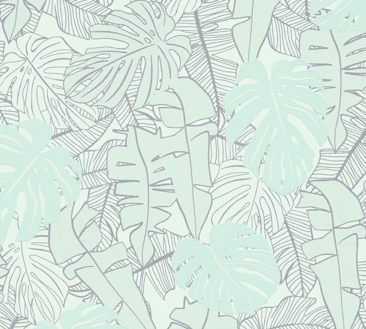 Wallpaper Olive Tree, pale green tropical leaves with silver outlines