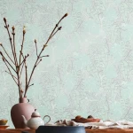 Wallpaper Olive Tree, pale green tropical leaves with silver outlines