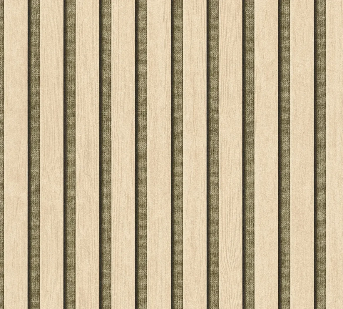 Wallpaper Misty Caramel, printed wood battens between olive fabric strips