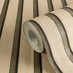Wallpaper Misty Caramel, printed wood battens between olive fabric strips
