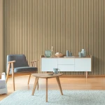 Wallpaper Misty Caramel, printed wood battens between olive fabric strips
