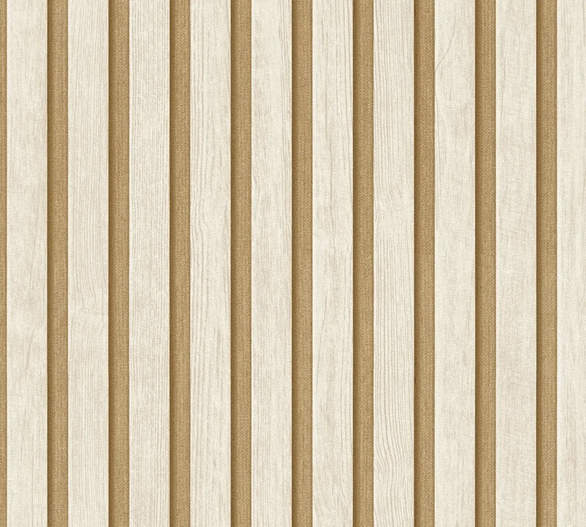 Wallpaper Soft Peat, bleached wood battens with caramel bands