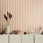 Wallpaper Soft Peat, bleached wood battens with caramel bands