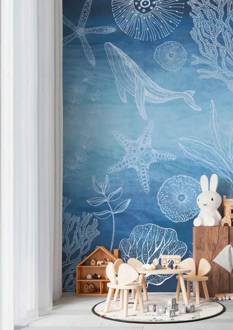 Wallpaper Soft Blue Slate, white whale and starfish on deep blue