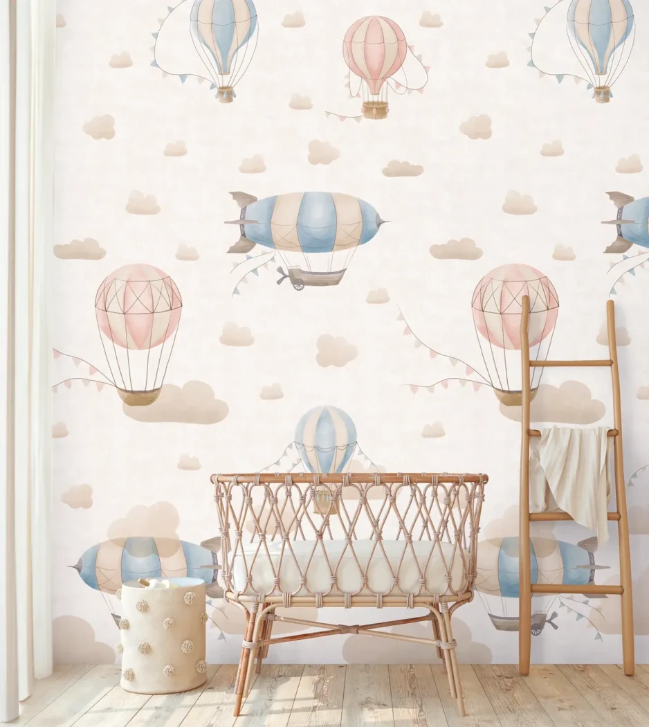 Wallpaper Soft Heather, pastel hot-air balloons and clouds on cream