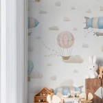 Wallpaper Soft Heather, pastel hot-air balloons and clouds on cream