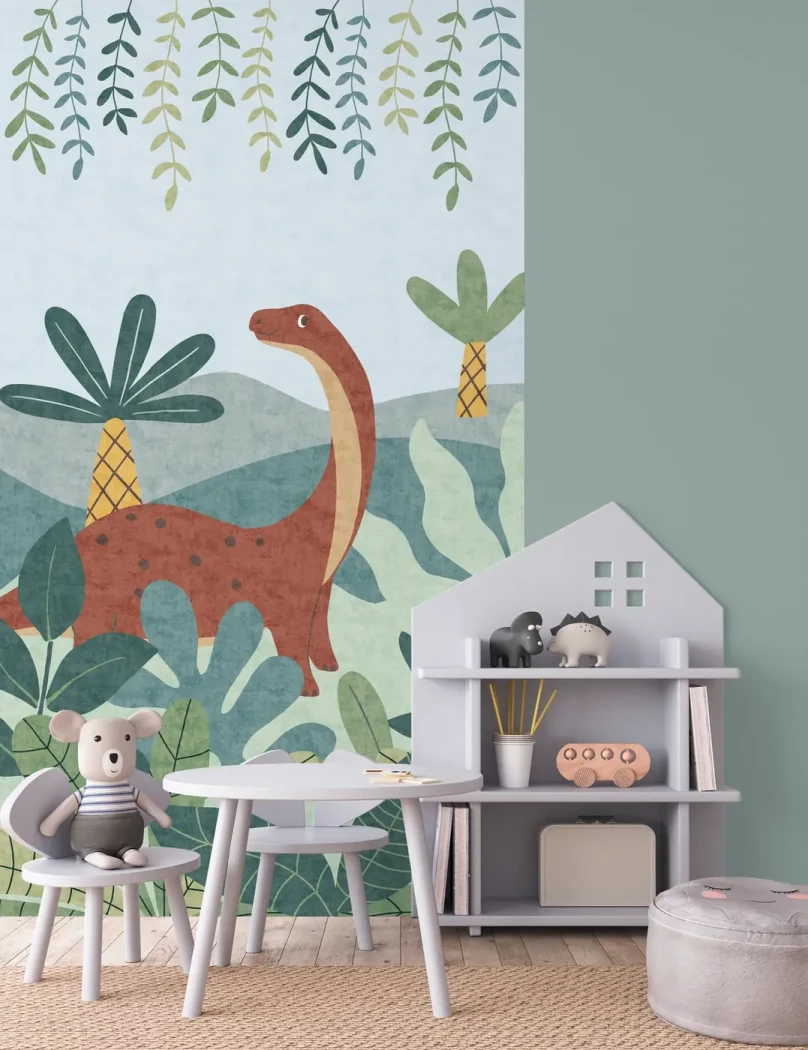 Wallpaper Soft Granite, dinosaur and palm trees mural