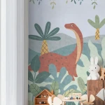Wallpaper Soft Granite, dinosaur and palm trees mural