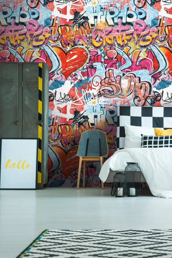 Wallpaper Dark Cement, colourful graffiti lettering and red hearts