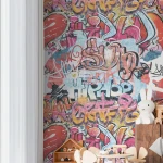 Wallpaper Dark Cement, colourful graffiti lettering and red hearts