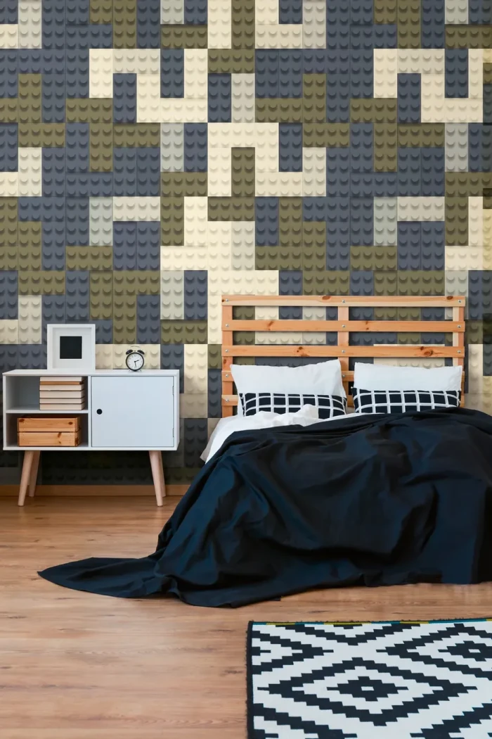 Wallpaper Ash Mercury, grey and khaki building-block camouflage pattern