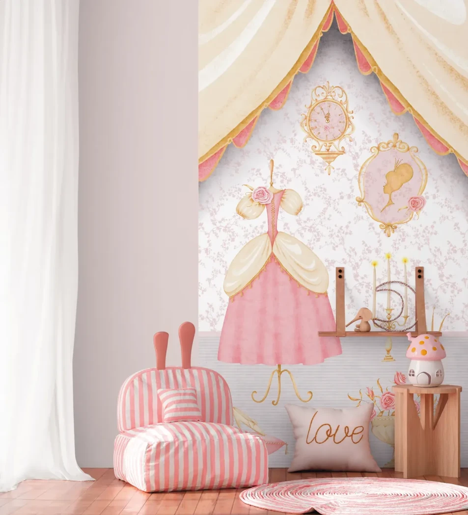 Wallpaper Veiled Pebble, pink gown and draped curtain mural