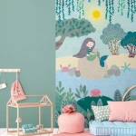 Wallpaper Soft Lagoon, mermaid on a rock among trees, blue-green