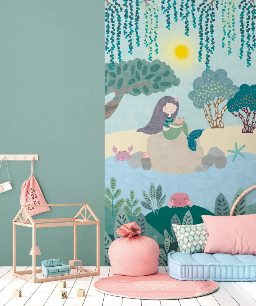 Wallpaper Soft Lagoon, mermaid on a rock among trees, blue-green