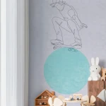 Wallpaper Soft Cobalt, line-drawn skateboarder on blue-green mural