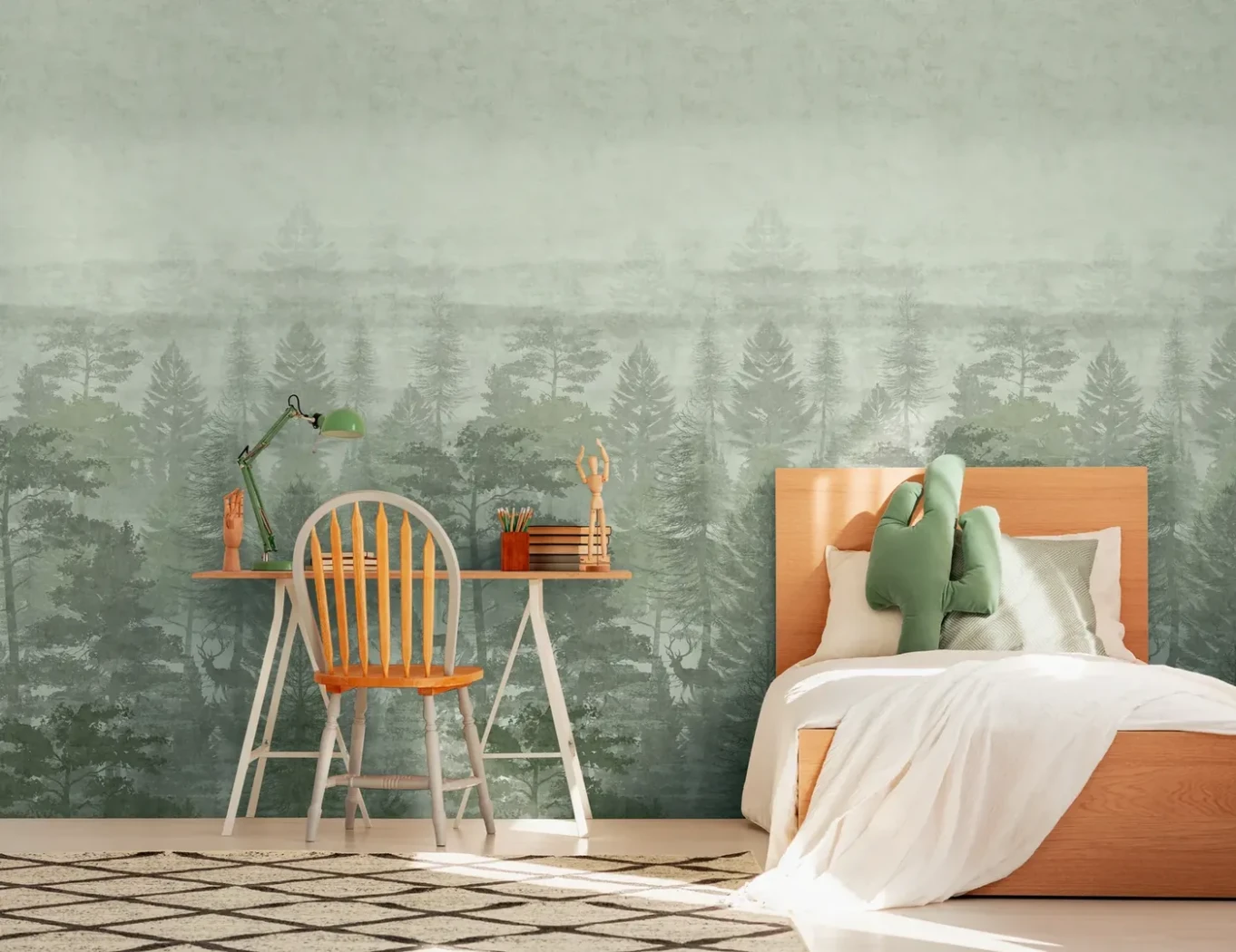 Wallpaper Misty Mimosa, fir forest silhouettes in a misty gradient