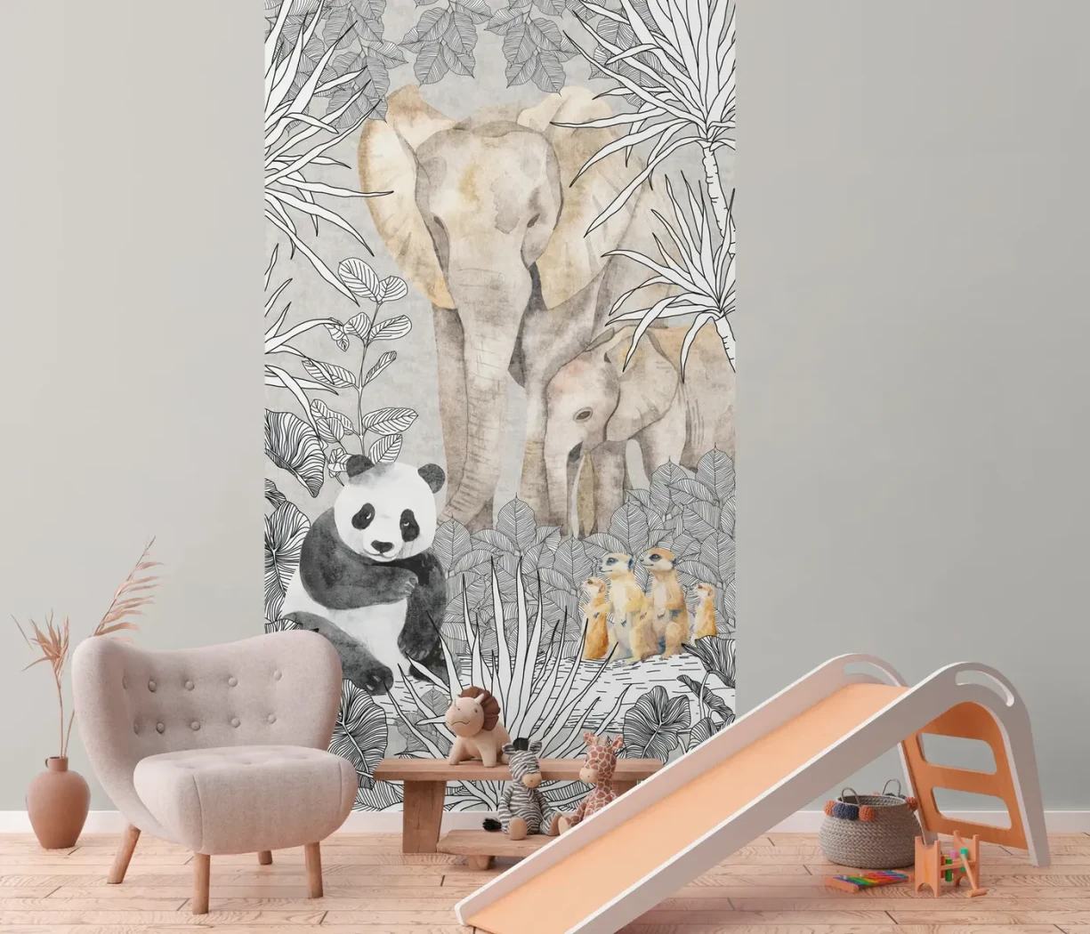Wallpaper Frosted Gravel, elephants and tropical foliage on grey
