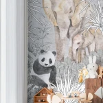 Wallpaper Frosted Gravel, elephants and tropical foliage on grey