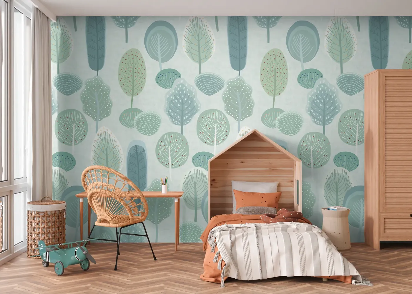 Wallpaper Fern, stylised green and blue trees in a row