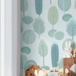 Wallpaper Fern, stylised green and blue trees in a row