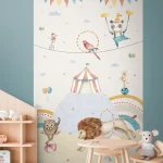 Wallpaper Soft Graphite, circus animals, big top and rainbow mural