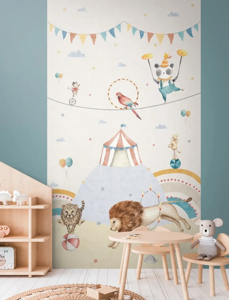 Wallpaper Soft Graphite, circus animals, big top and rainbow mural